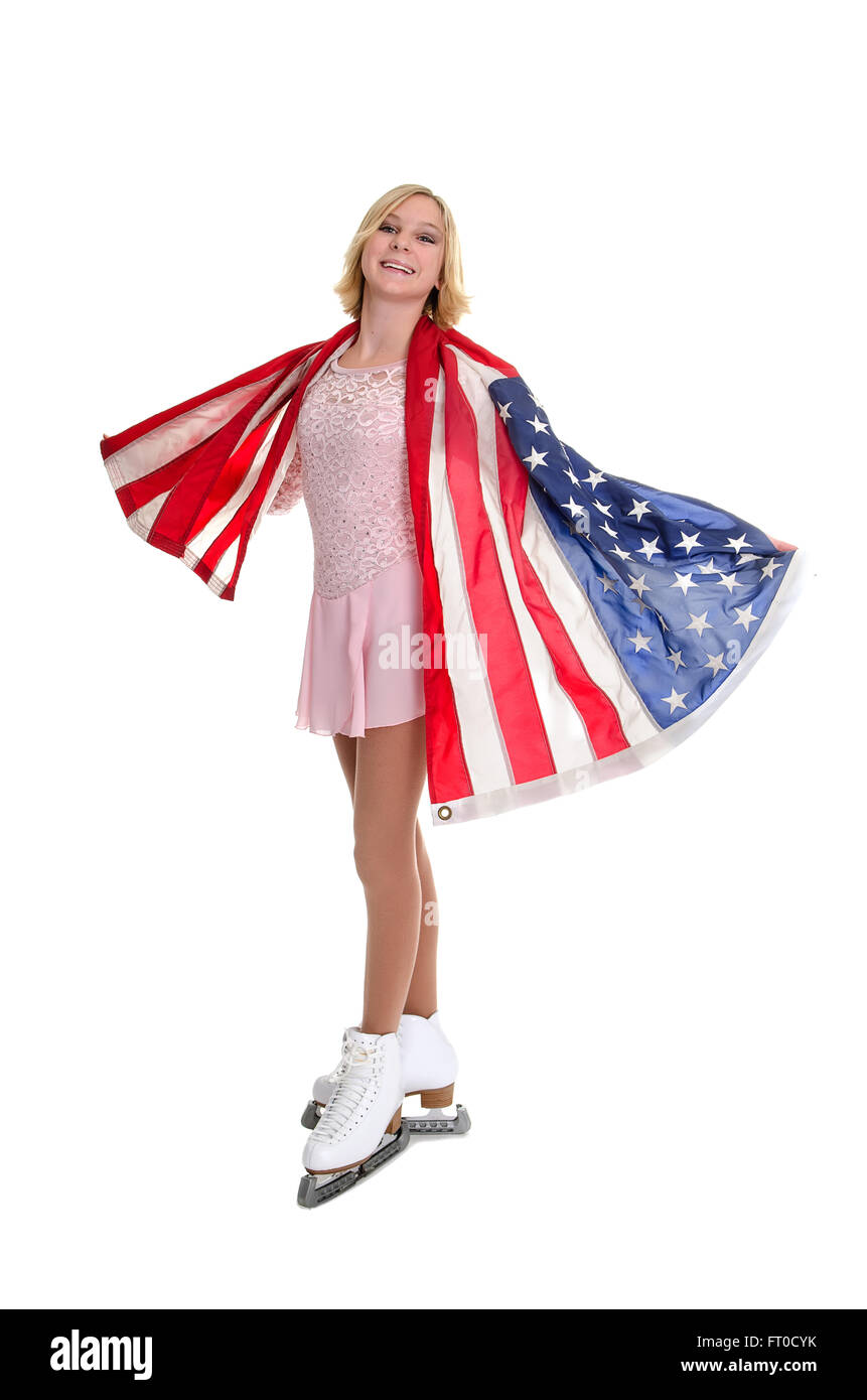 Ein Teenager Eiskunstläuferin, eingehüllt in die amerikanische Flagge Stockfoto