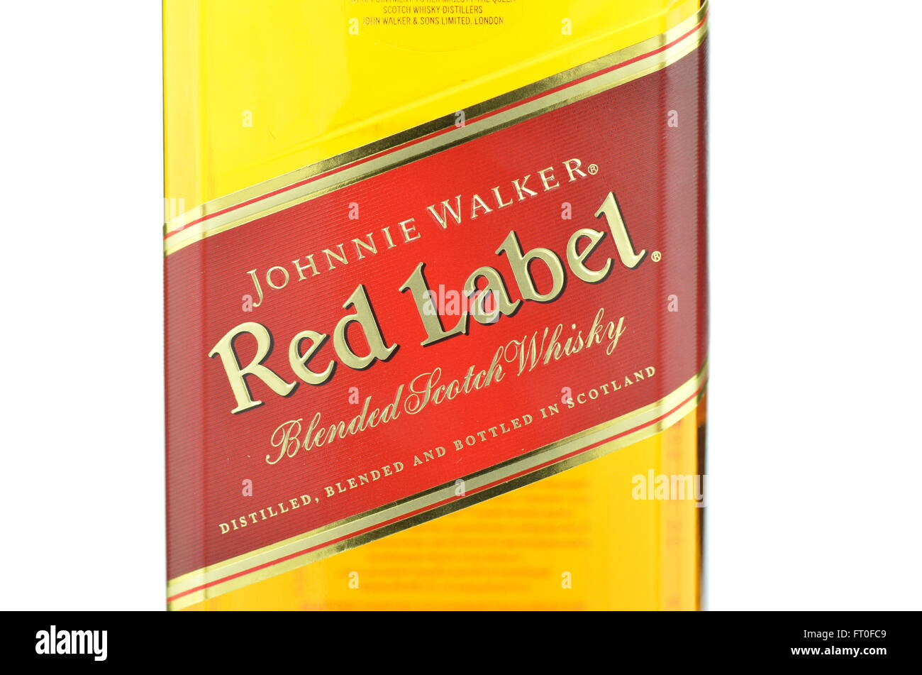 Johnnie Walker Red Label blended Whisky isoliert auf weißem Hintergrund. Stockfoto