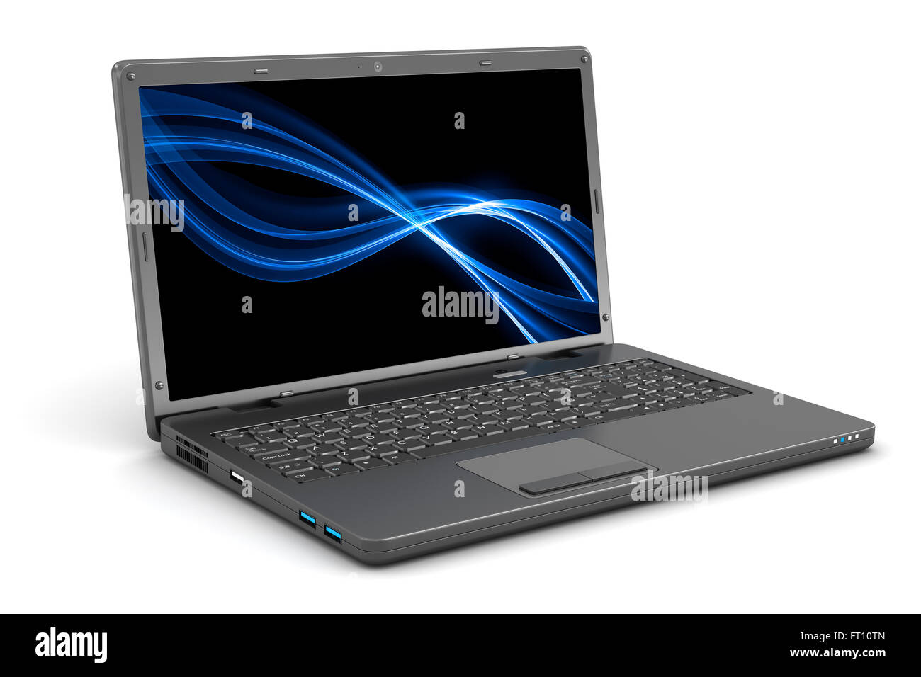 Schwarzer Laptop. Hintergrund auf dem Bildschirm. Stockfoto