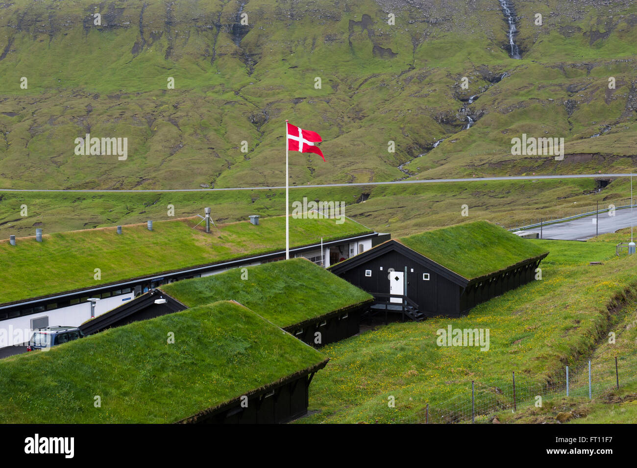 Dächer überwuchert mit Rasen, in der Nähe von Akureyri, Nordurland Eystra, Island Stockfoto