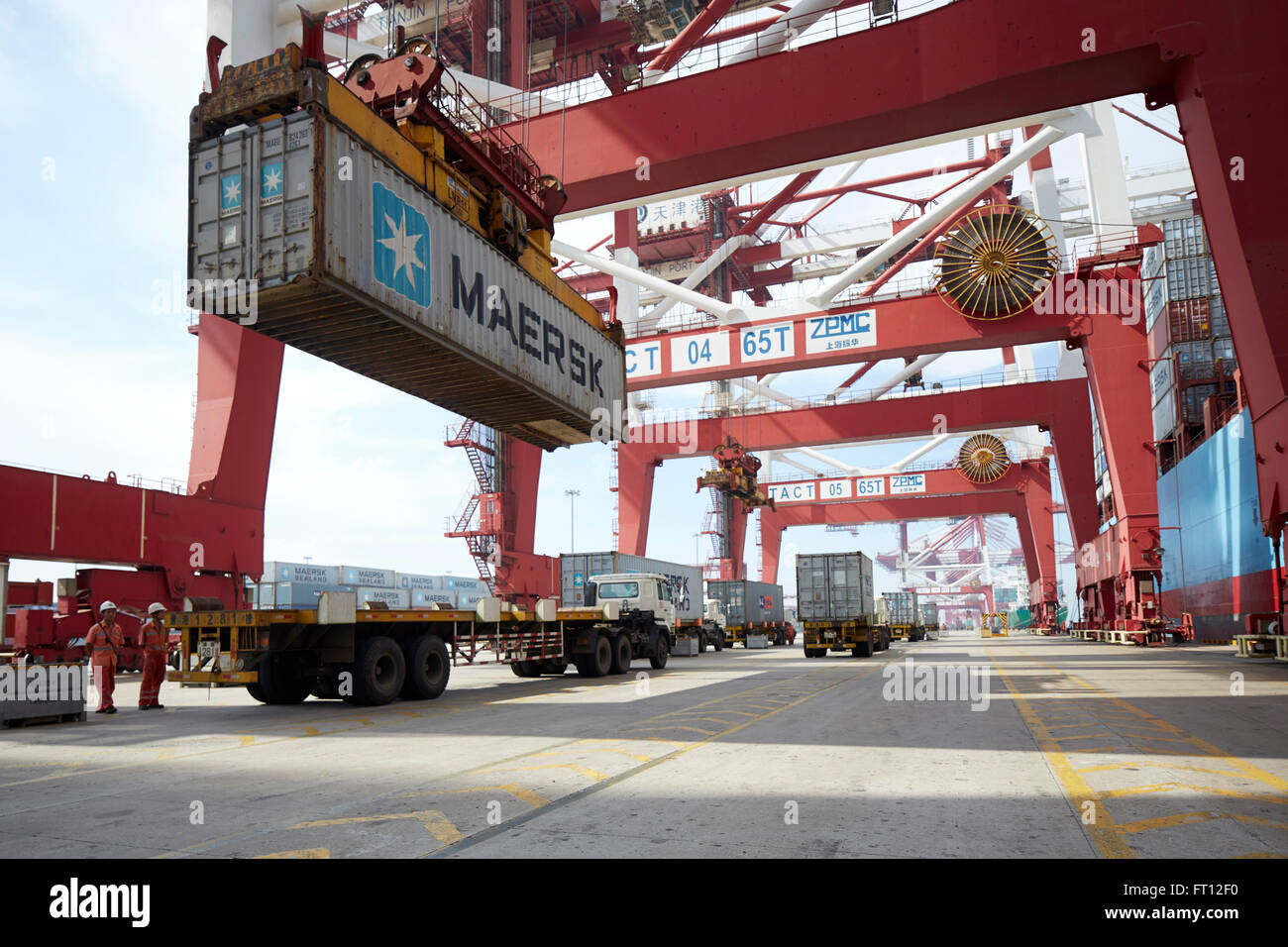 Verladung der Container auf einem LKW am Hafen, Hafen von Tianjin, Tianjin, China Stockfoto