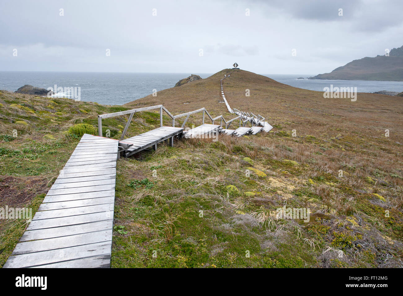 Promenade zum Albatros-Denkmal im Nationalpark Kap Horn, Kap Horn, Isla Hornos, Magallanes y De La Antartica Chilena, Patagonien, Chile Stockfoto