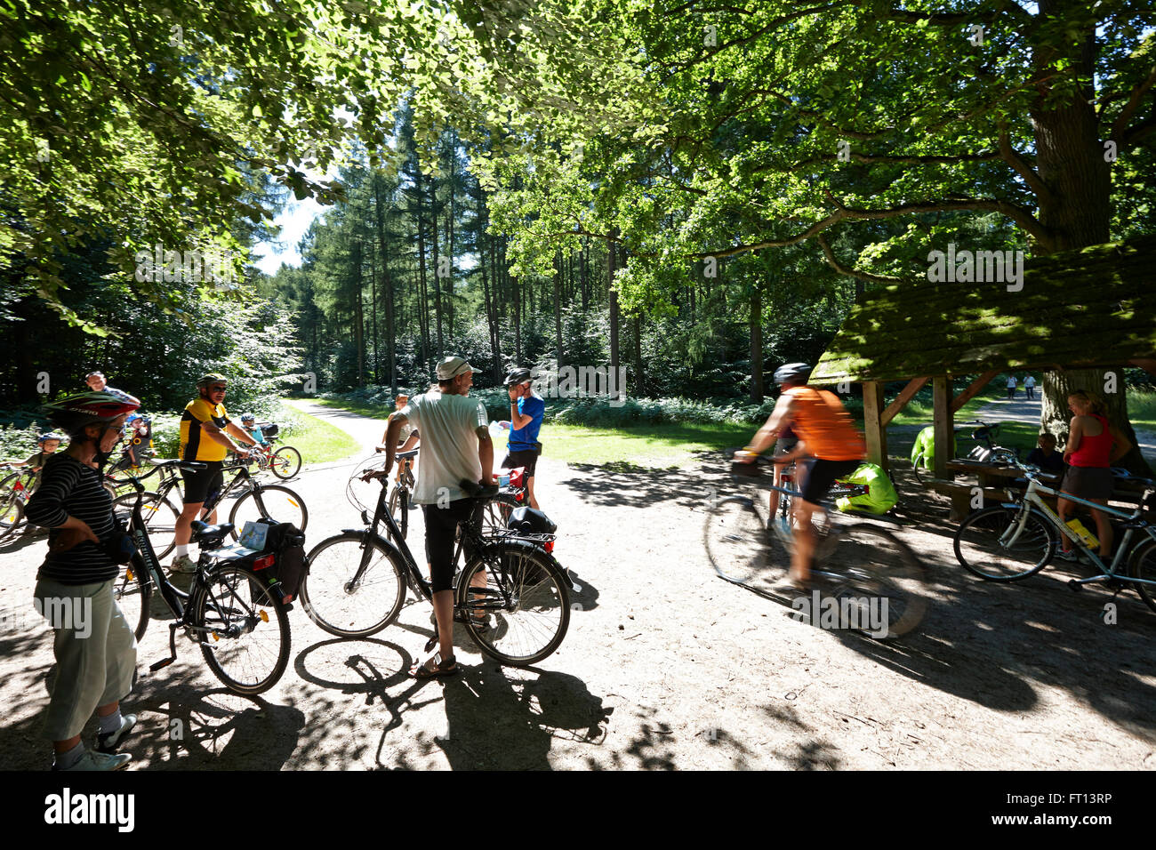 Radfahrer am Grenzübergang in Buche Foest, Naturschutzgebiet Granitz, Südost Rügen Biosphärenreservat, Mecklenburg-Western Pomerania, Deutschland Stockfoto