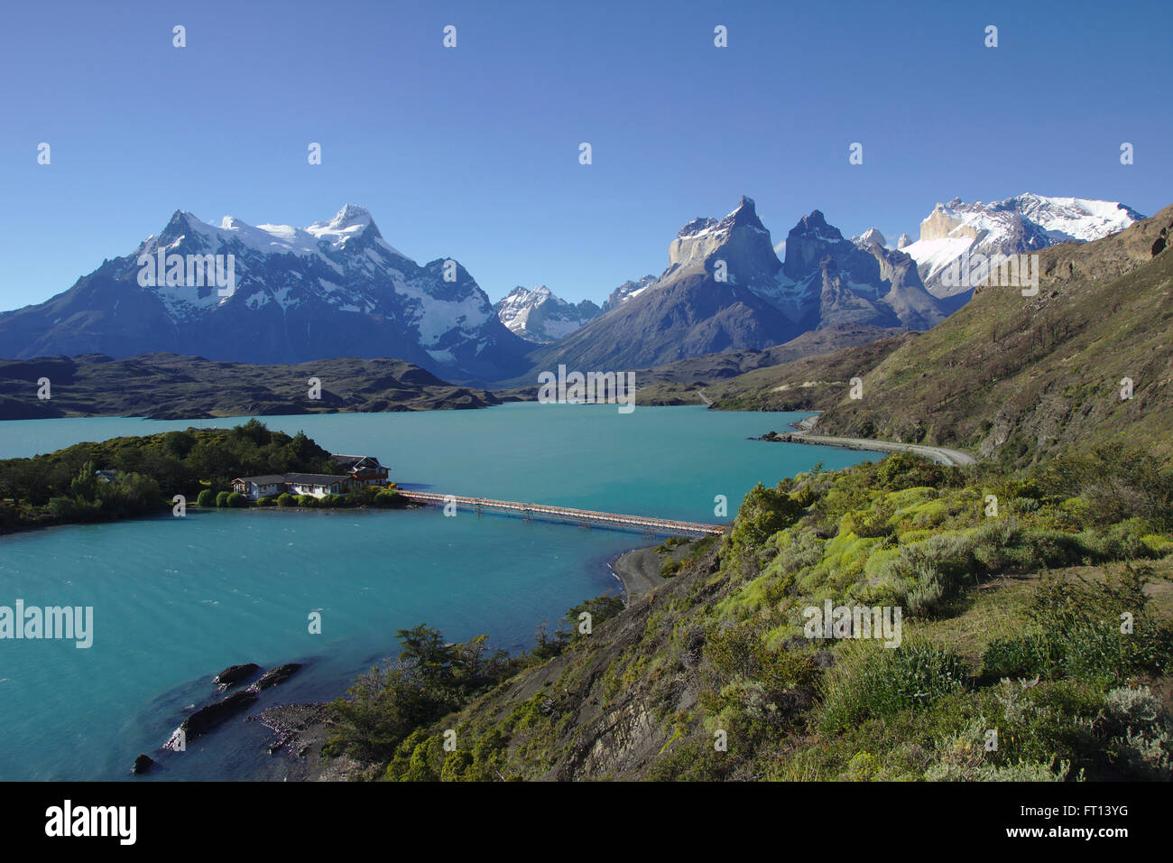 Lake Pehoe, Cuernos del Paine und Monte Almirante Nieto im Torres del Paine Nationalpark, Patagonien, Chile Stockfoto