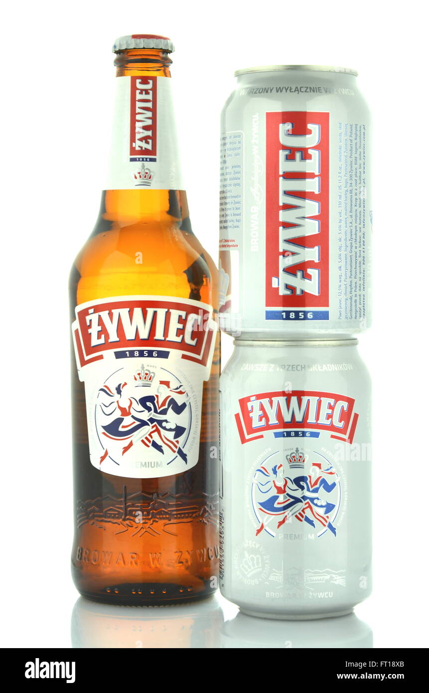 Zywiec Bier isoliert auf weißem Hintergrund Stockfoto