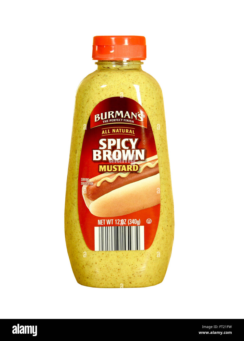 SPENCER, WISCONSIN-Februar 9, 2014: Flasche Burman die Spicy Brown Senf. Burman ist ein amerikanischer Hersteller von würzigen Senf Stockfoto