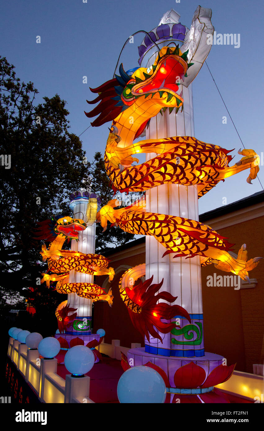 Chinesische leuchtende Drachen auf vertikalen Säulen an der China-Ampel Ausstellung in New Orleans City Park, 2016. Stockfoto