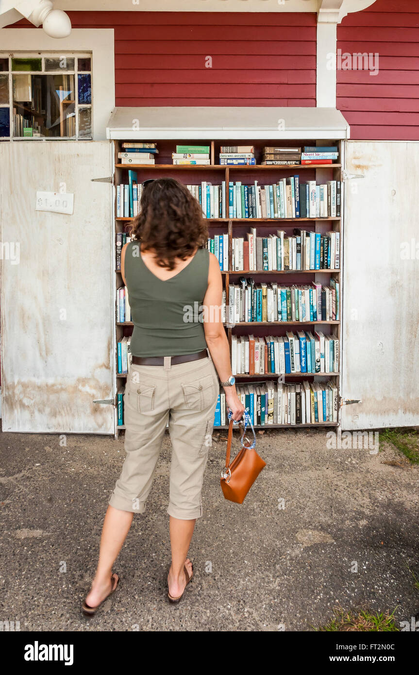 Frau unter den Regalen in einer Buchhandlung in New England, USA Stockfoto