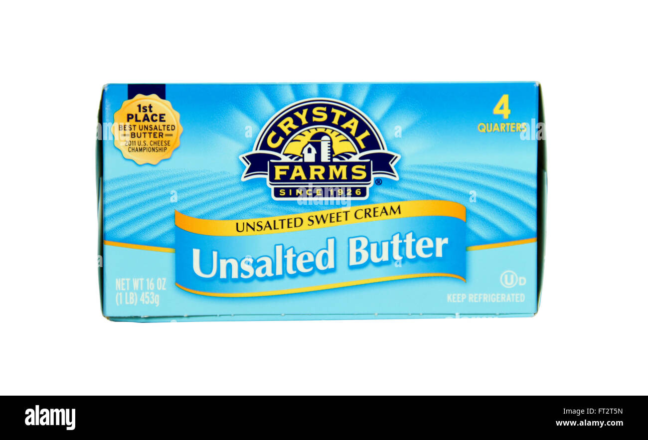 SPENCER, WISCONSIN - 22. Februar 2014: Box Crystal Farmen ungesalzene Butter. Kristall-Farmen ist ein amerikanisches Unternehmen, gegründet in 1 Stockfoto