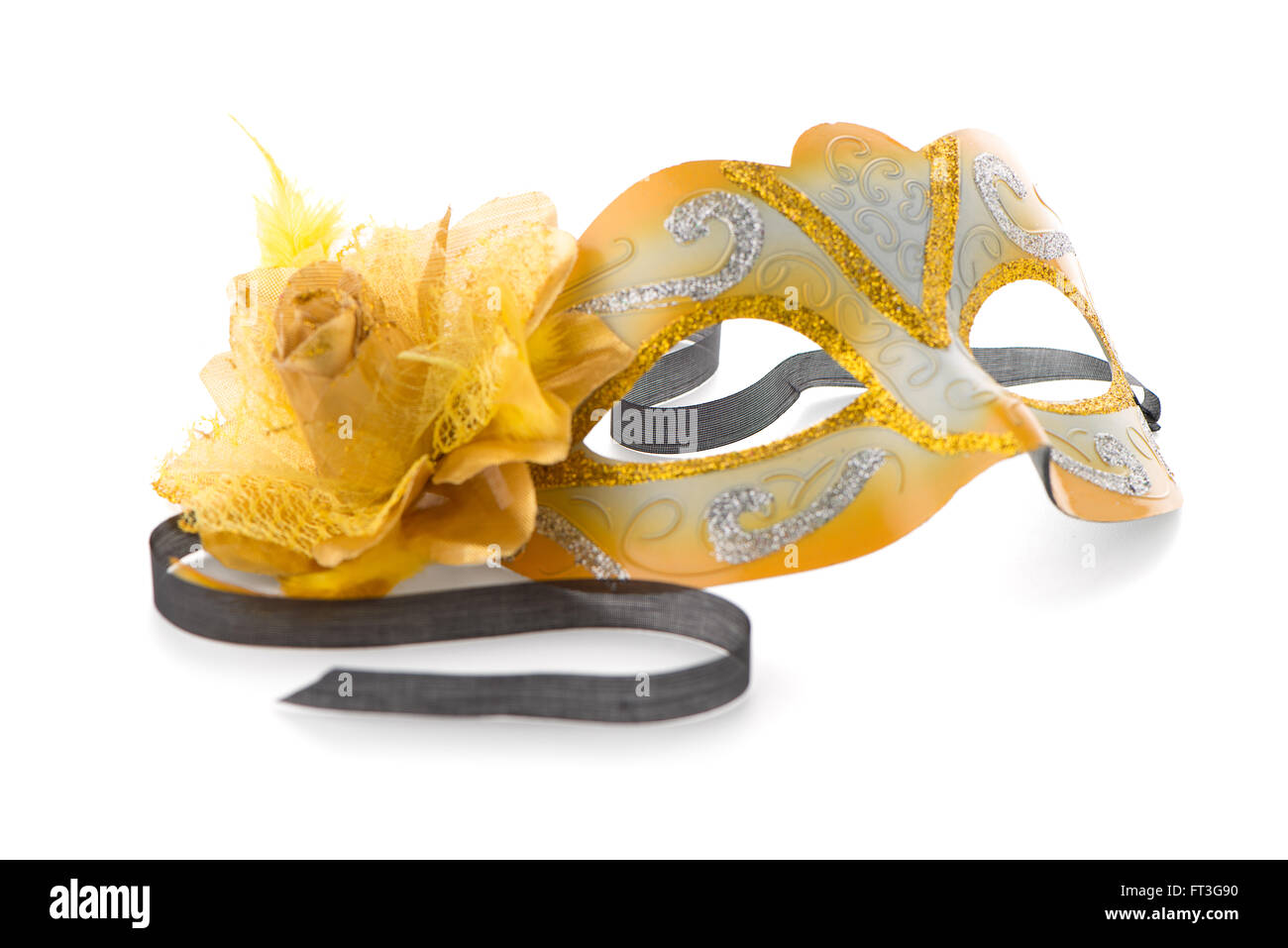 Gelbe venezianische Maske für eine Party auf einem weißen Hintergrund Stockfoto