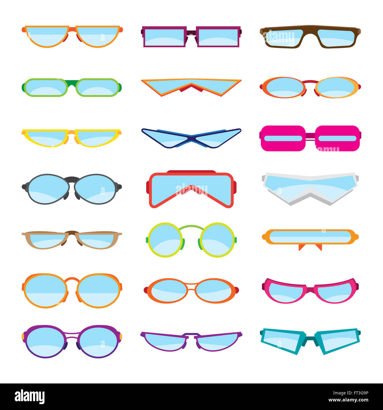 Vektor-Illustrationen von verschiedenen Wohnung-Stil Brillen, Gläser oder Brille. Stockfoto