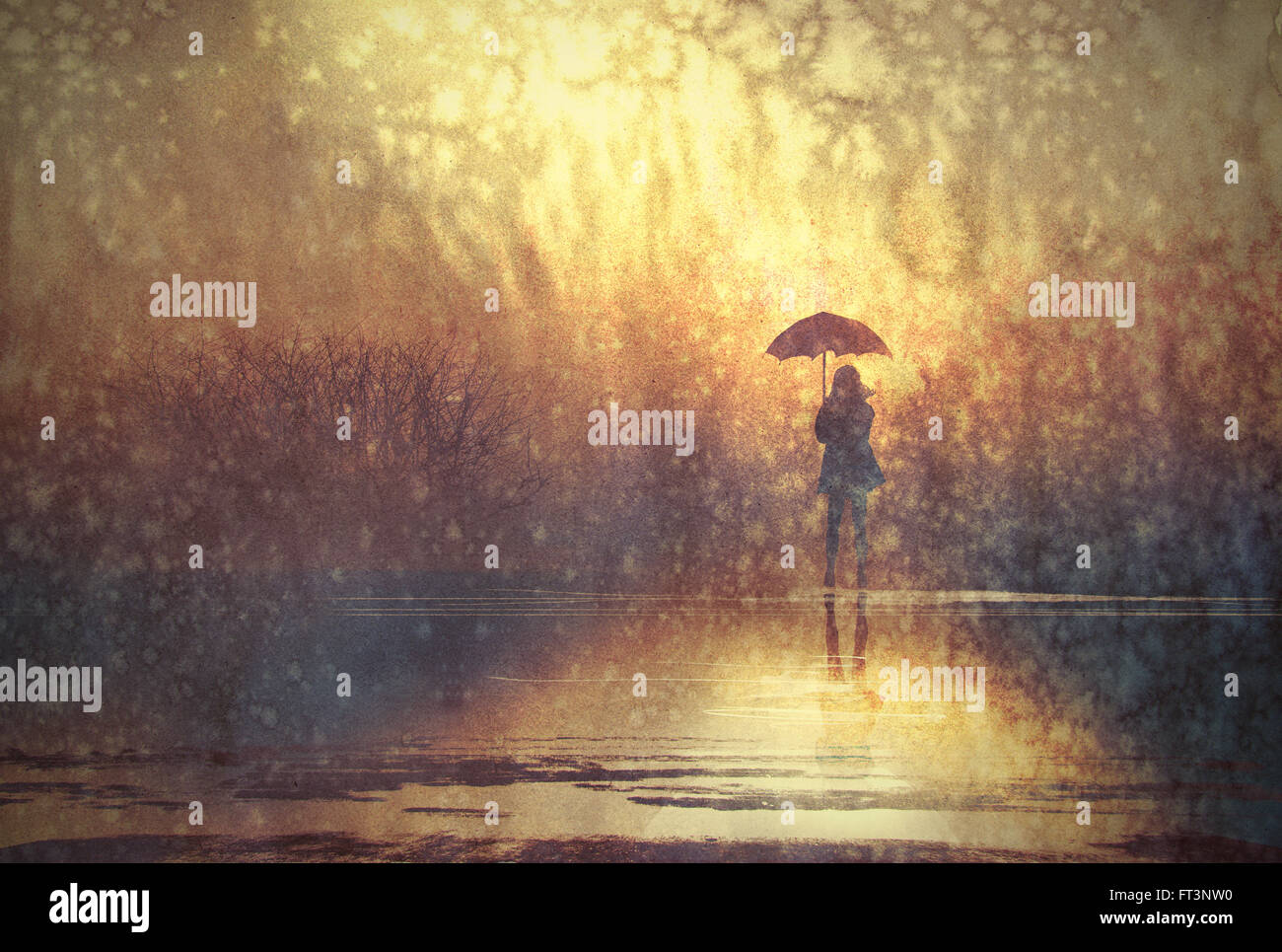 einsame Frau mit Regenschirm im See, Abbildung Stockfoto