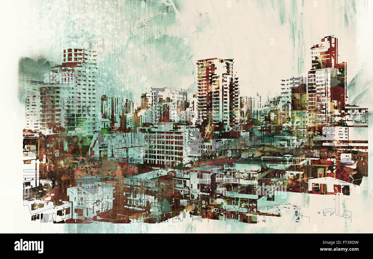 Stadtbild mit abstrakten Texturen, Illustration, Malerei Stockfoto