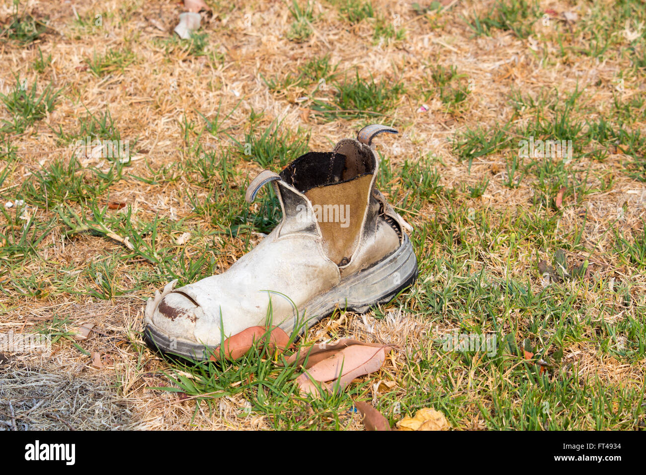 Ausrangierte Arbeiter Handel Lederschuh verwittert durch die Elemente von Sonne, Wind und Regen ist auf Trockenrasen Verfall preisgegeben. Stockfoto
