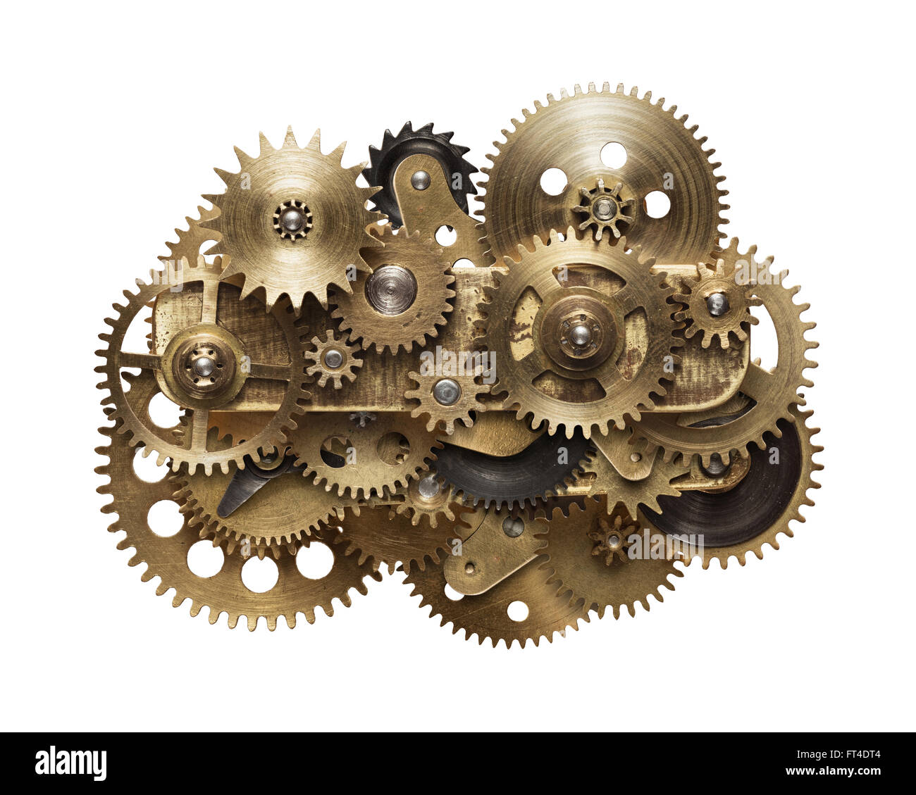 Metall-Collage von Uhrwerk Zahnräder isoliert auf weißem Hintergrund Stockfoto