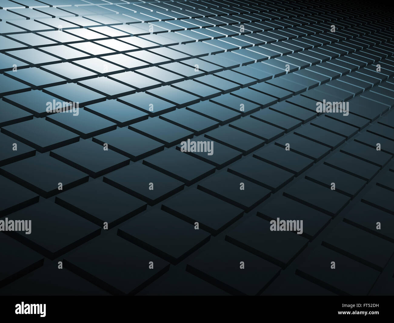 Abstrakt schwarz glänzenden digitalen Hintergrund mit quadratischen Reliefmuster und blaue Scheinwerfer Beleuchtung, 3d illustration Stockfoto
