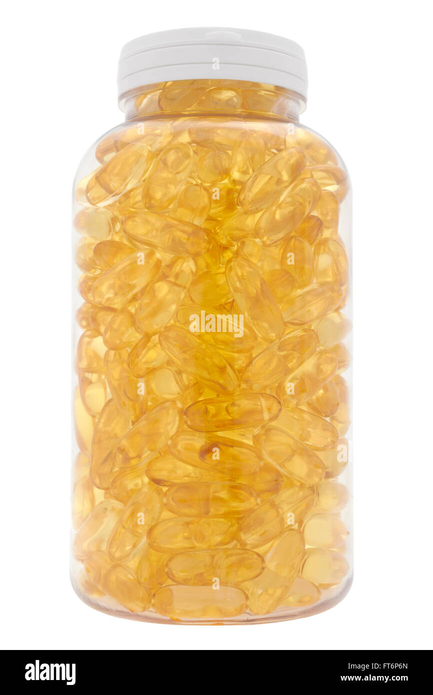 Flasche Omega 3 Fischöl Softgel Kapseln auf weißem Hintergrund Stockfoto