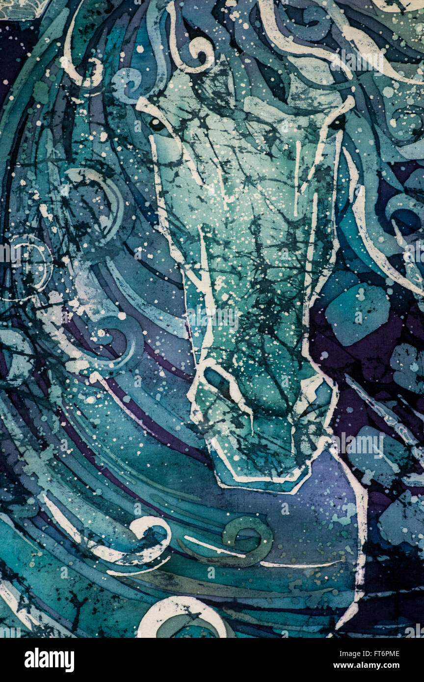 Pferd Kopf, lockig, Türkis, hot Batik, Hintergrundtextur, Handarbeit auf Seide, abstrakten Surrealismus Kunst Stockfoto