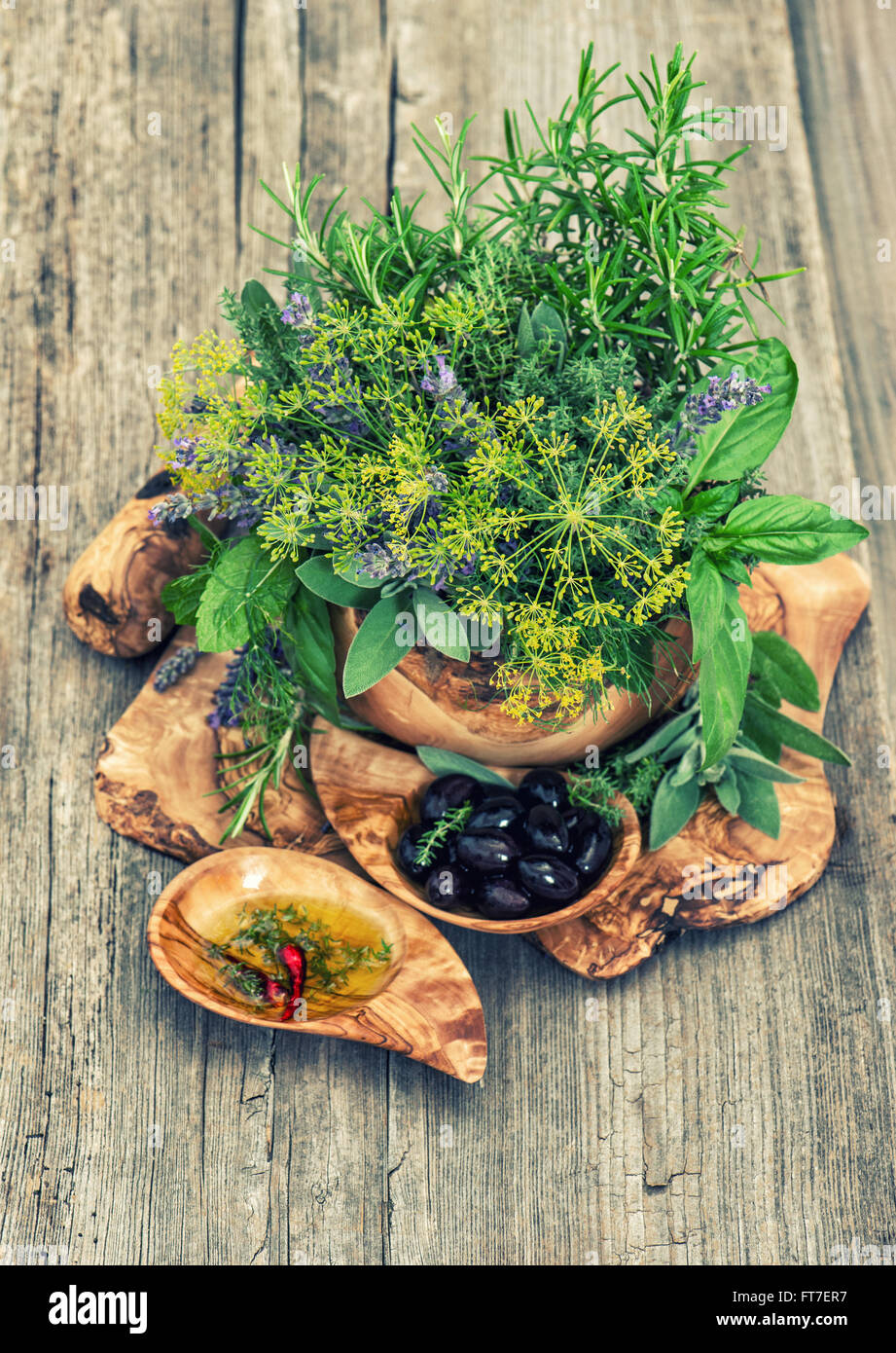 Oliven, Öl, Basilikum, Dill, Salbei, Lavendel, Minze. Gesunde Ernährung. Kräuter und Gewürze. Vintage-Stil getönten Bild Stockfoto