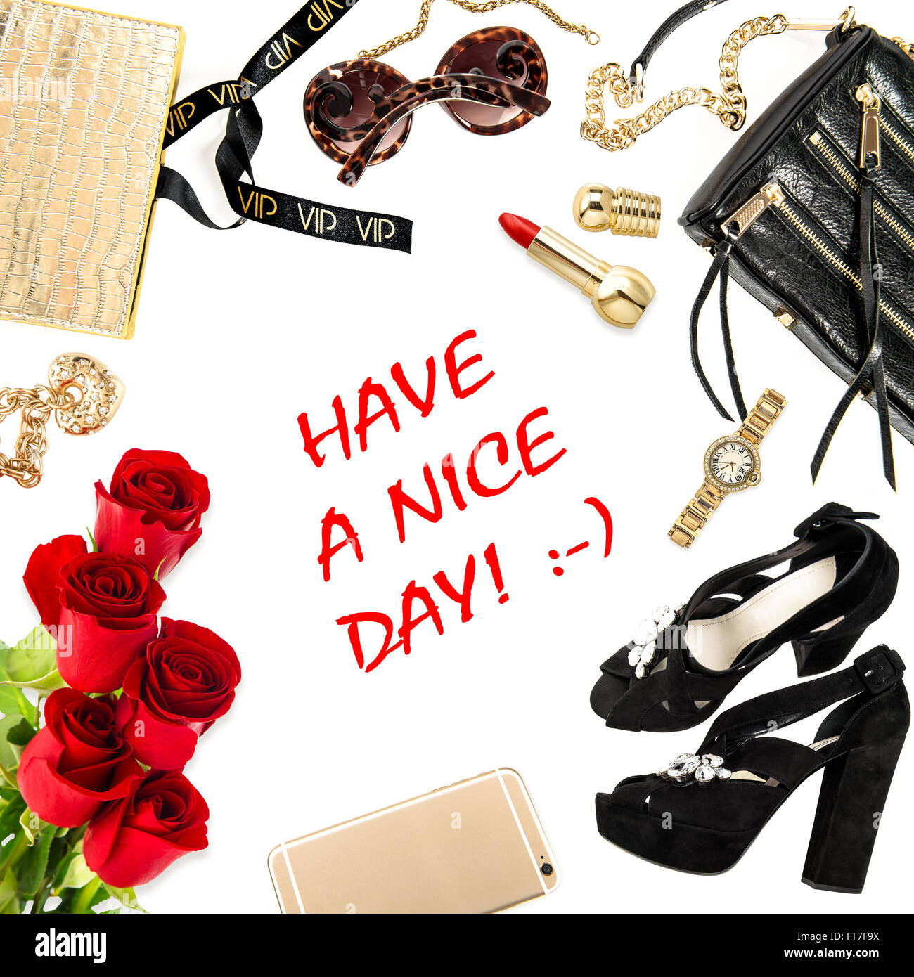 Mode Dame Website-Konzept. Accessoires, Kosmetik, Schuhe, Handy, Schmuck und Blumen. Ich wünsche dir einen schönen Tag! Stockfoto