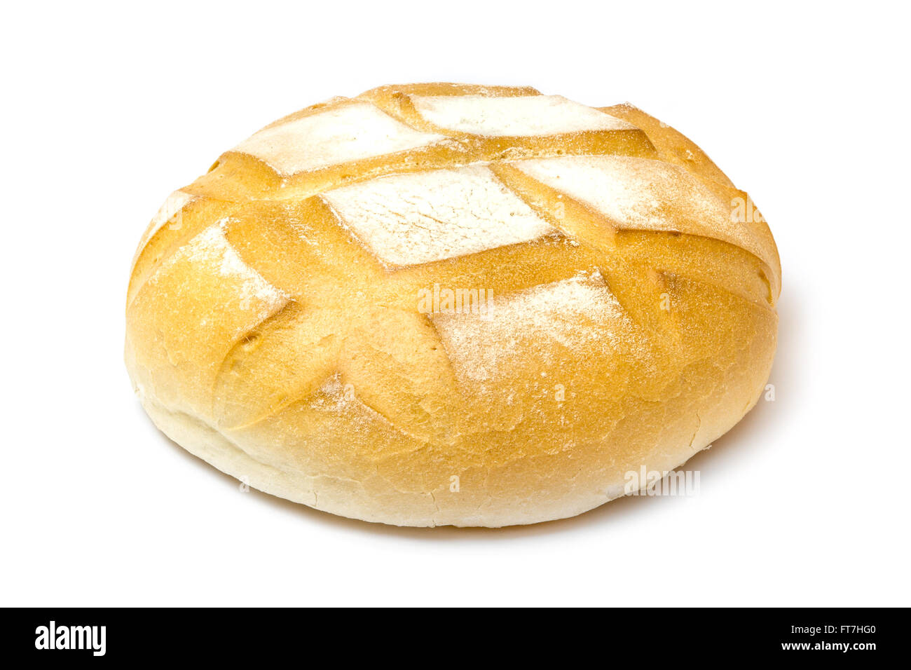 Rundes Laib Brot isoliert auf weißem Hintergrund Stockfoto