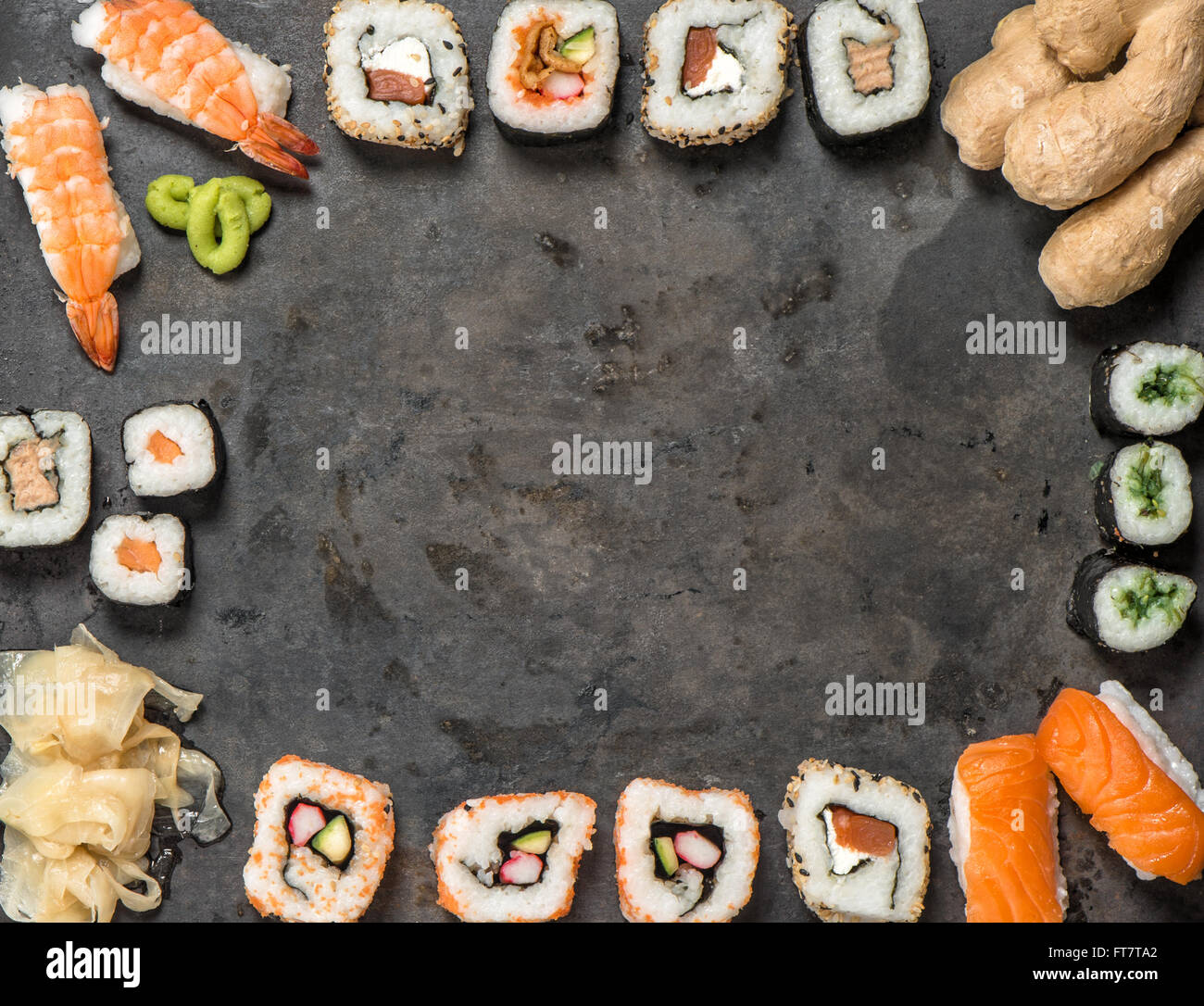 Traditionelles japanisches Essen. Sushi-Rollen, Nigiri, Maki sushi Stockfoto
