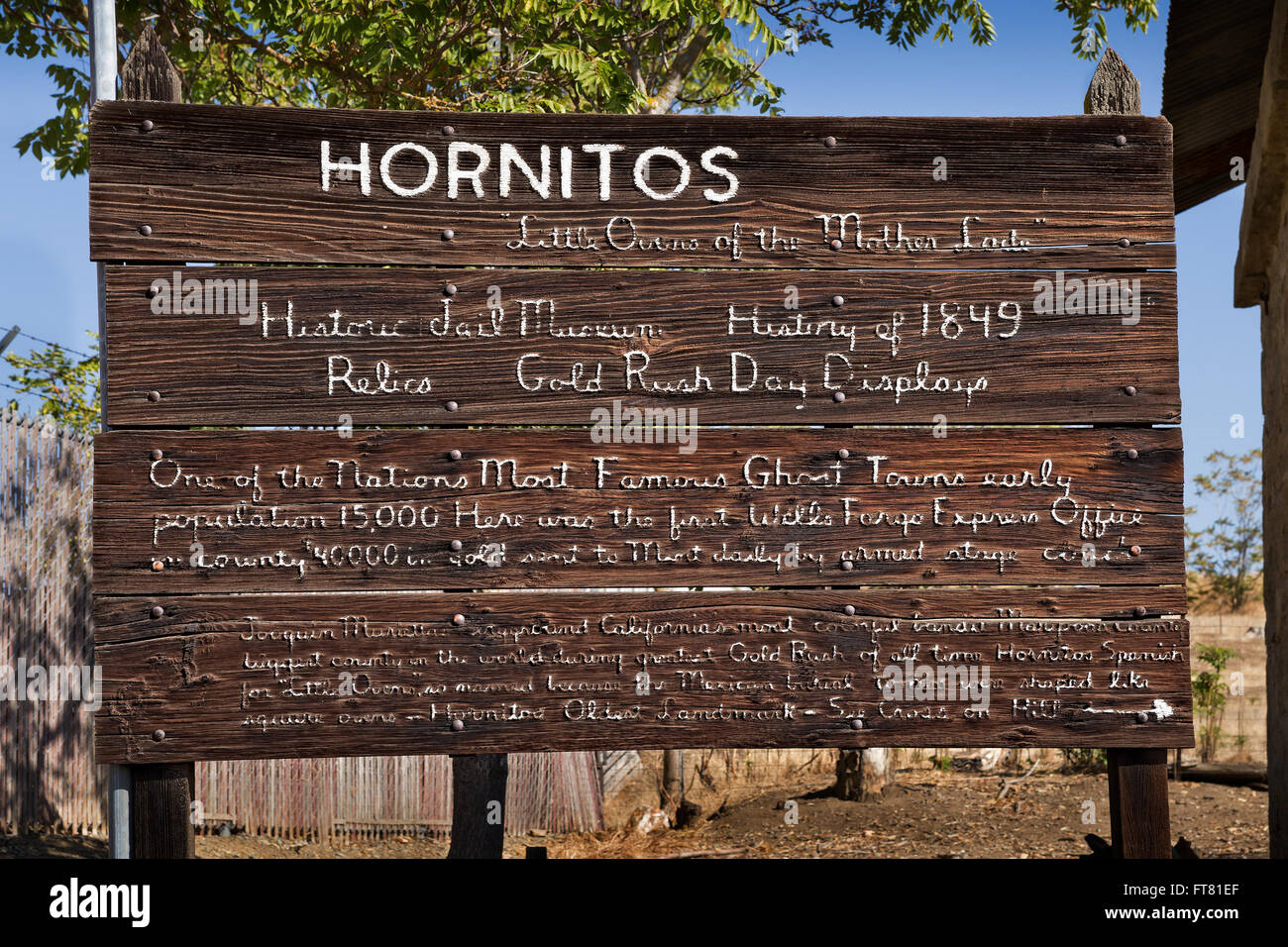 Gefängnismuseum Schild, Hornitos, Kalifornien. Museum geöffnet von 1954 bis 1964 Uhr. Stockfoto