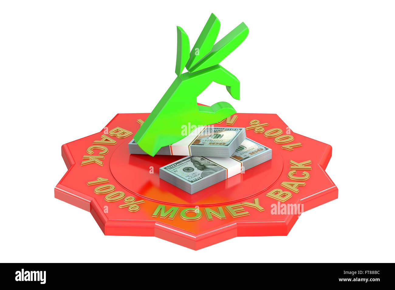 Geld zurück 100 % 3D-Rendering auf weißen Hintergrund isoliert Stockfoto