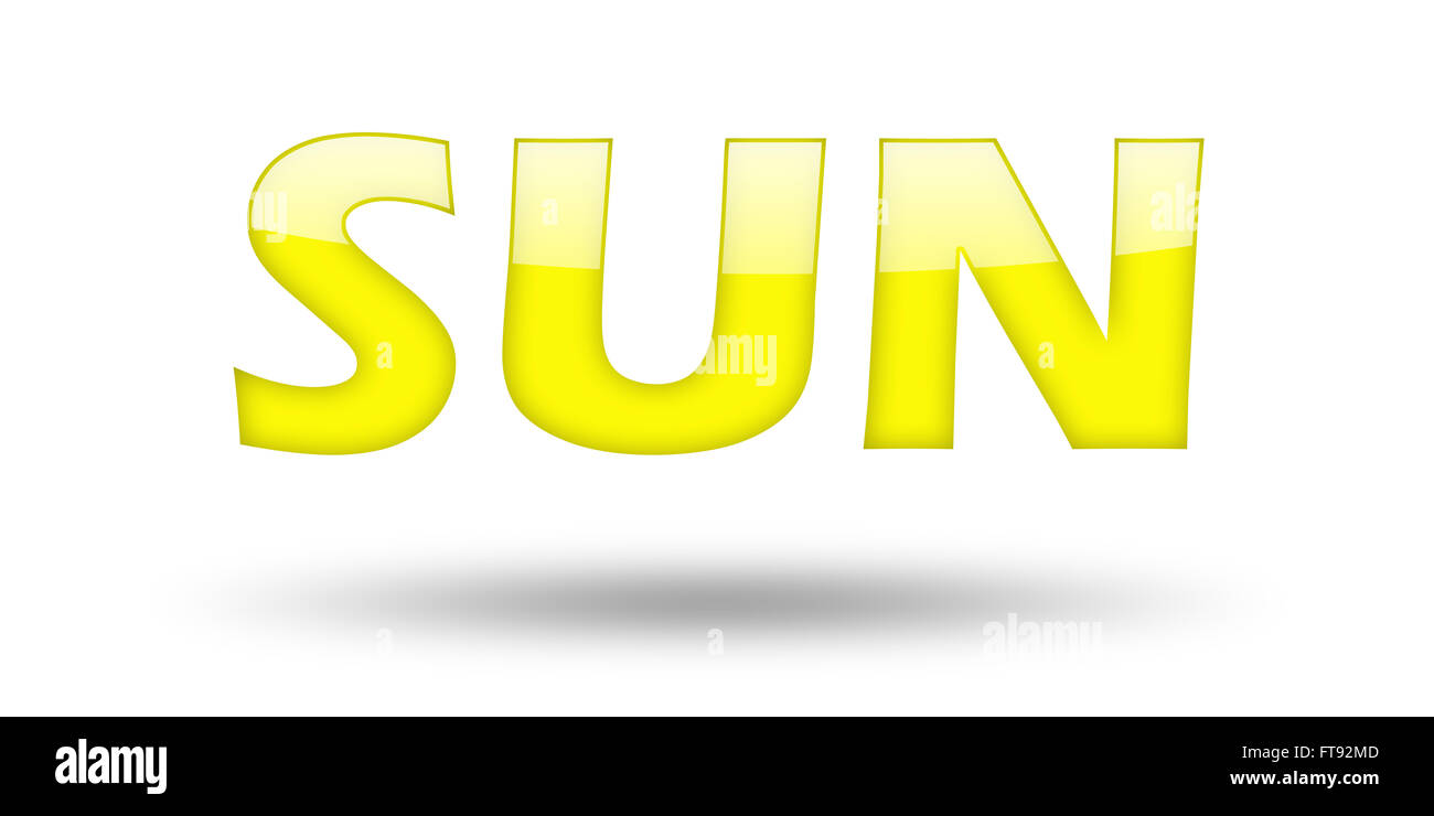 Text SUN mit gelber Schrift und Schatten. Stockfoto