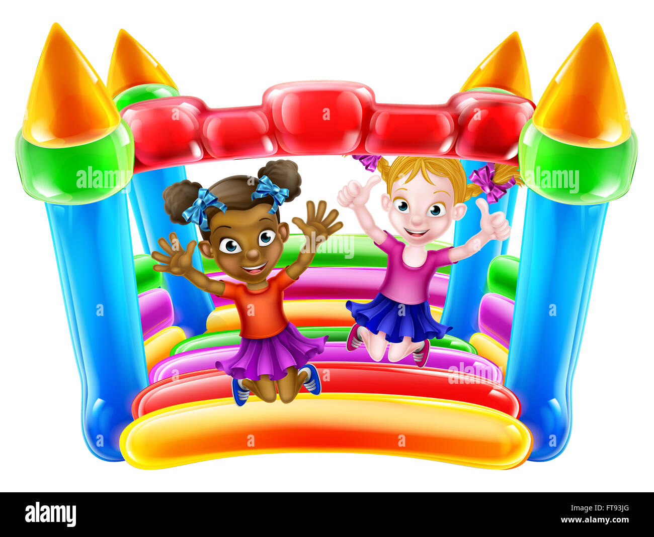 Zwei kleine Mädchen, die Spaß auf der Hüpfburg springen Stockfoto