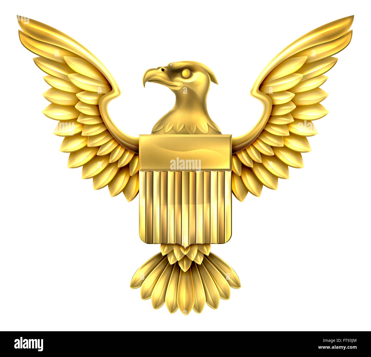 Gold golden American Eagle Metalldesign mit Weißkopfseeadler der Vereinigten Staaten mit der amerikanischen Flagge Schild Stockfoto