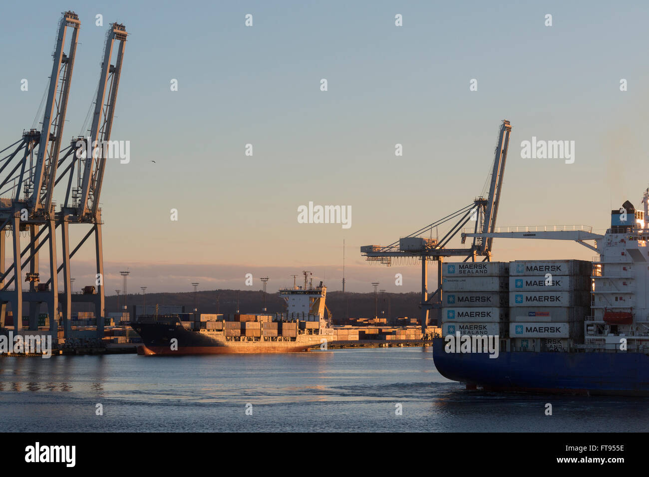 Maersk Nijmegen Manöver in den Container Terminal Ost an der Post Aarhus. Stockfoto
