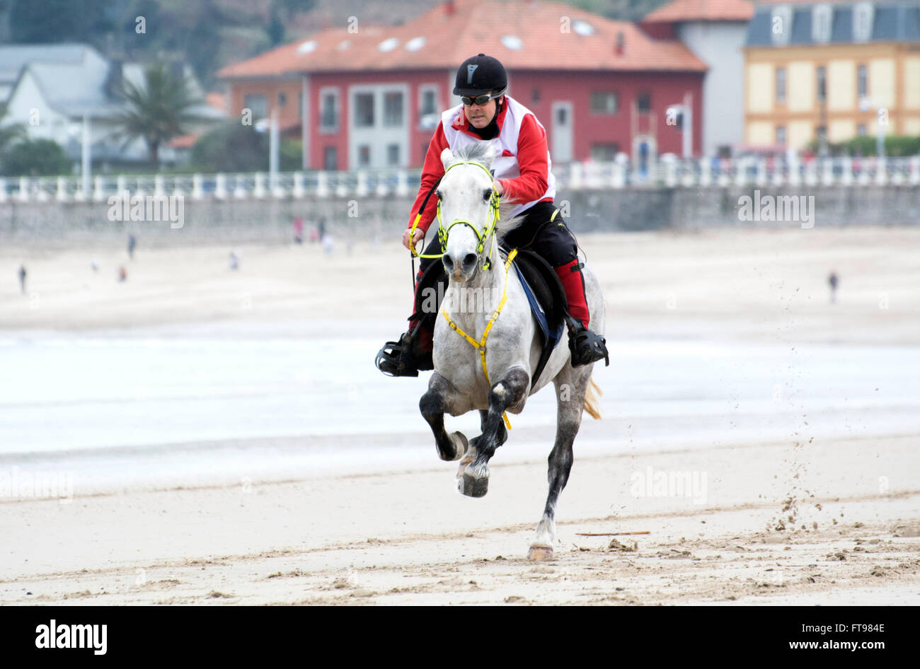 Ribadesella, Spanien. 25. März 2016. Emilio Antuña mit 'Moro' gewinnt das erste Rennen der Pferderennen am Strand von Santa Marina am 25. März 2016 in Ribadesella, Spanien. Bildnachweis: David Gato/Alamy Live-Nachrichten Stockfoto