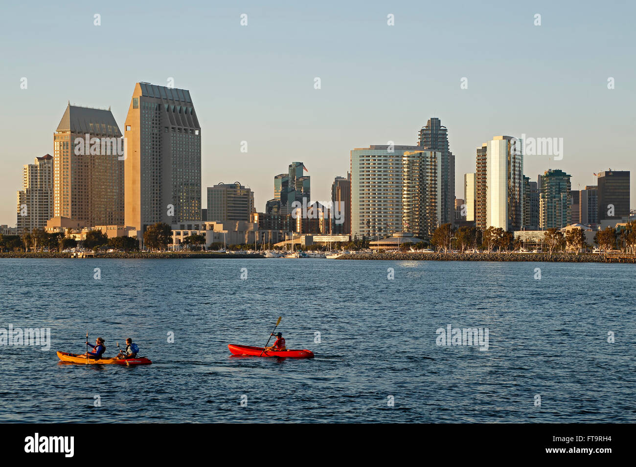 Skyline und Kajakfahrer auf Bucht von San Diego, San Diego, Kalifornien USA Stockfoto