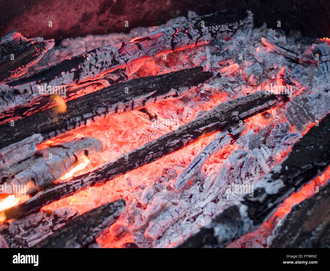 Glut in einem heißen Holzfeuer. Asche bedeckt Holz leuchtet rot in diesem Feuer abgebrannt. Stockfoto