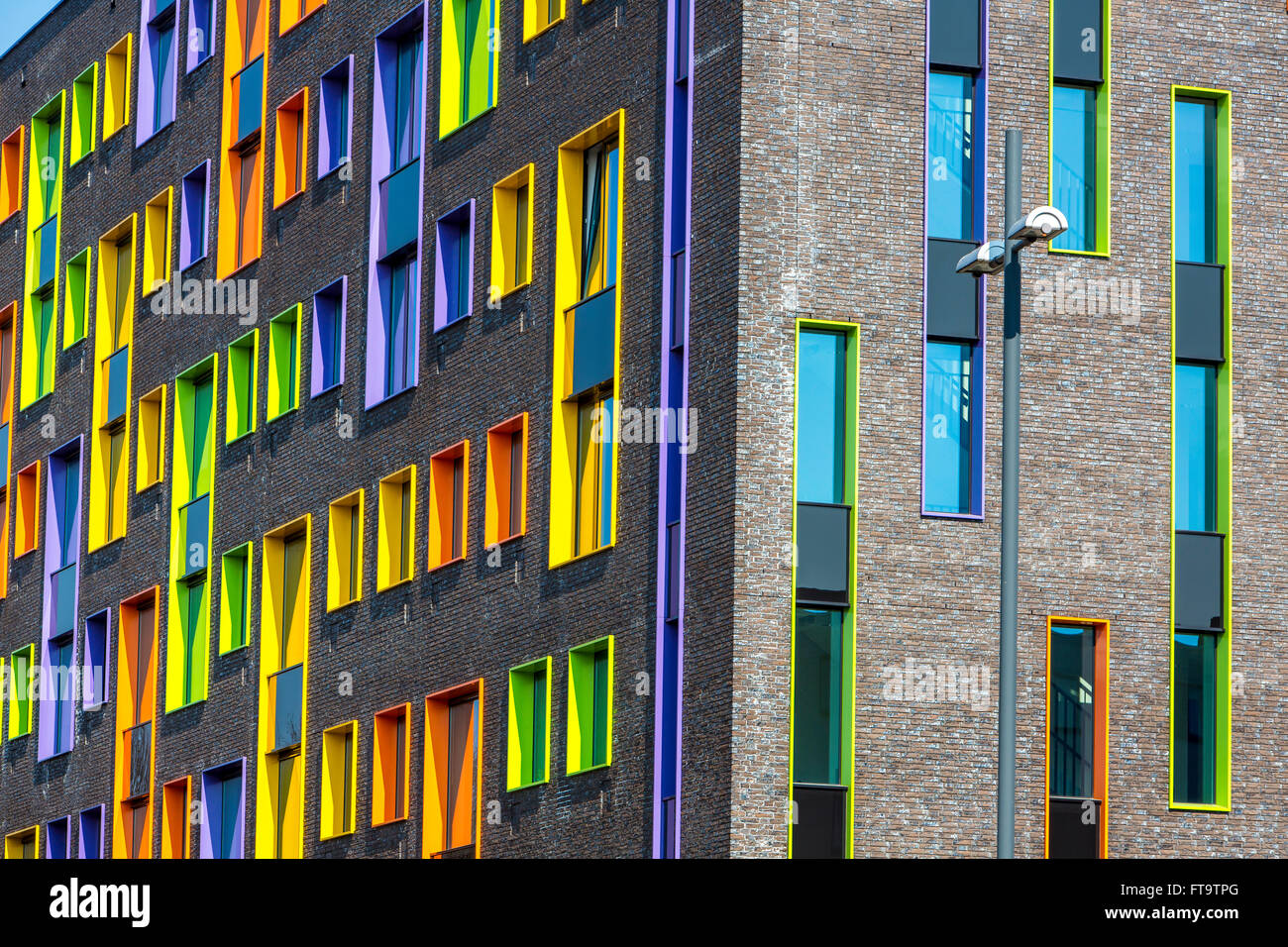 Fassade eines modernen Gebäudes, mit bunten Fensterrahmen, Eindhoven, Niederlande, Stockfoto