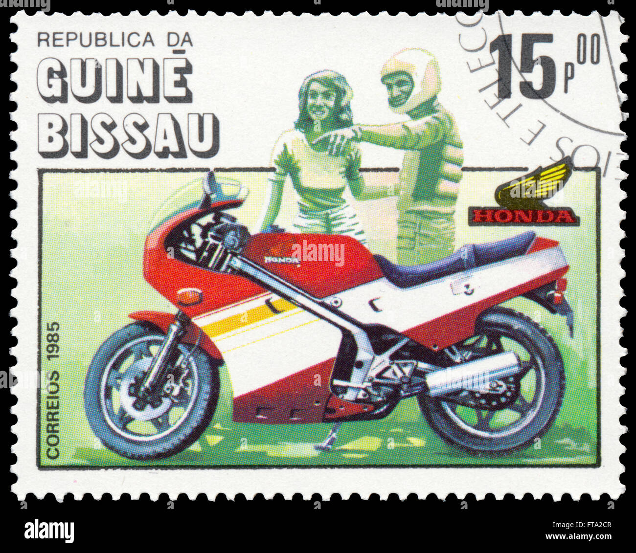 BUDAPEST, Ungarn - 18. März 2016: eine Briefmarke gedruckt in der Guinea-Bissau zeigt Honda Motorrad Centenary, ca. 1985 Stockfoto