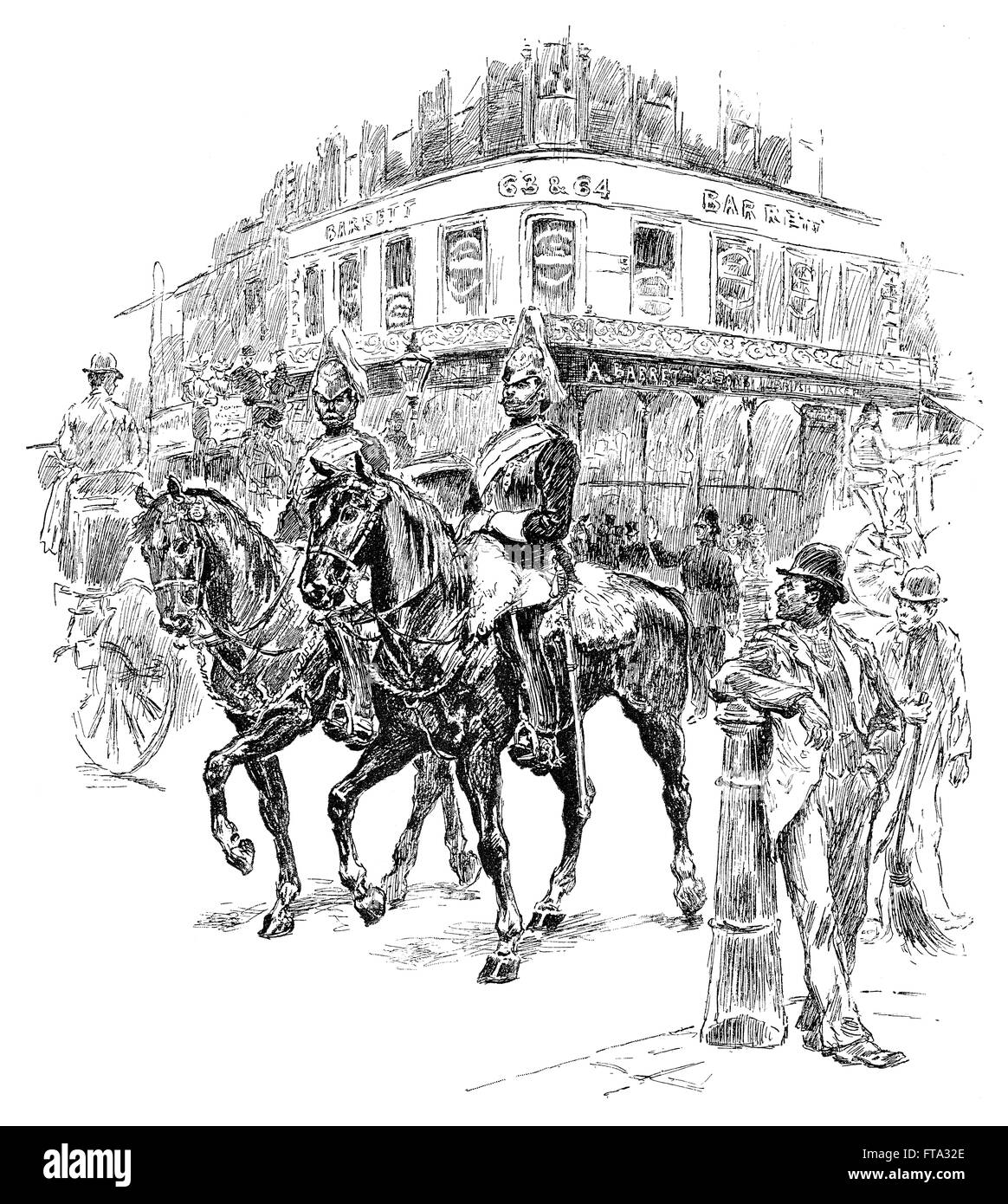 Schwarz / weiß-Gravur von zwei Horse Guards Parade, Piccadilly, London auf dem Pferderücken. Stockfoto