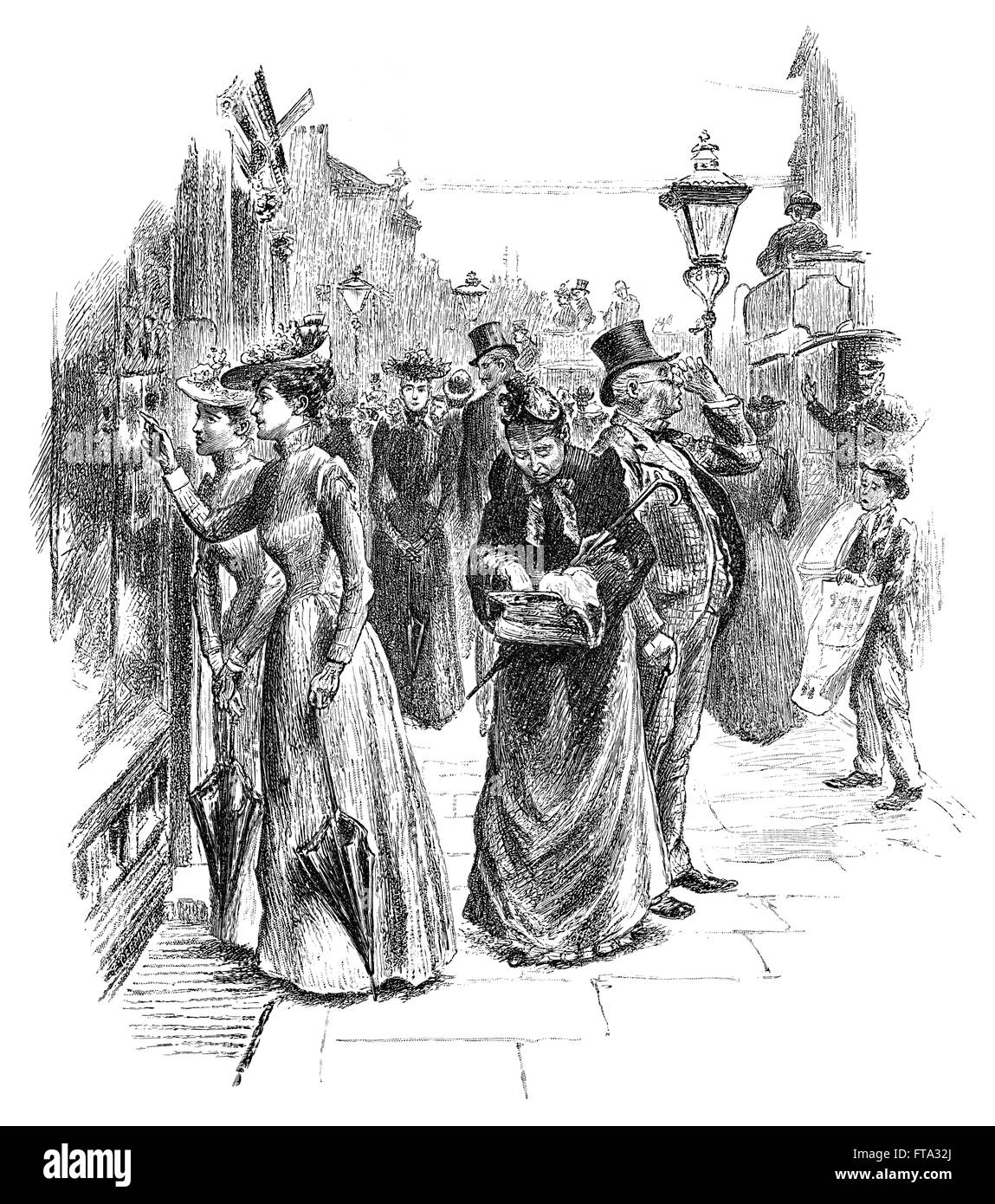 Schwarz / weiß-Gravur von viktorianischen Käufern in einer Londoner Straße. Stockfoto
