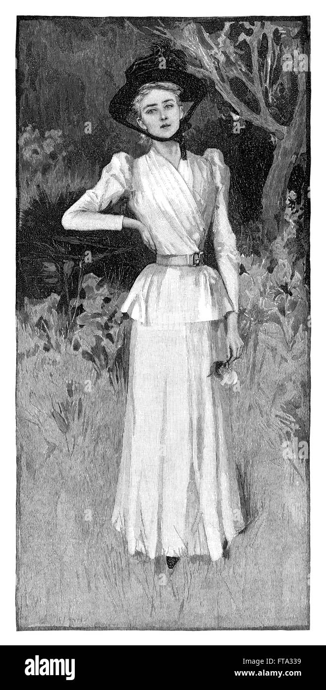 Schwarz / weiß-Gravur einer viktorianischen Dame in einem Garten. Stockfoto