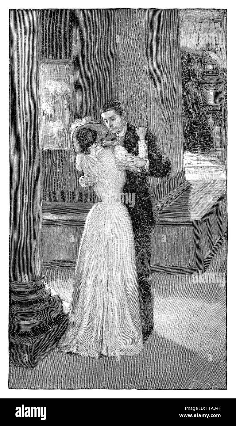 Schwarz / weiß-Gravur eines viktorianischen Paares in einer Umarmung. Stockfoto
