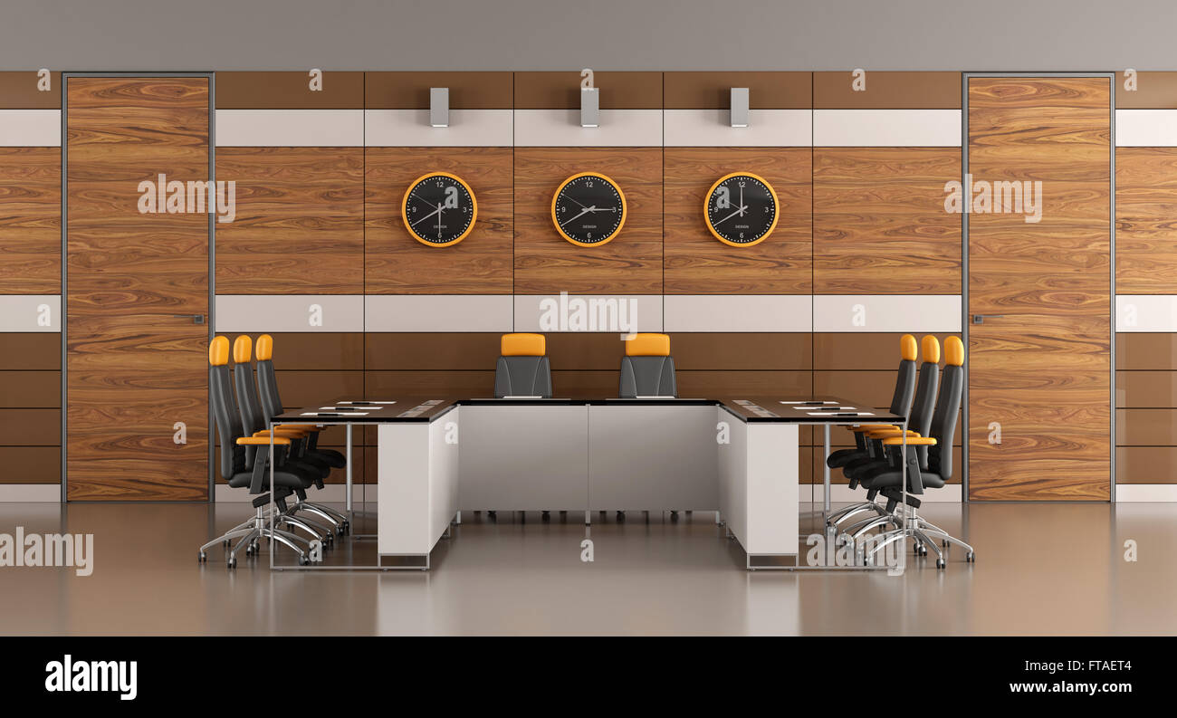 Zeitgenössische Sitzungssaal mit Holzvertäfelungen, zwei Türen und Besprechungstisch - 3D Rendering Stockfoto
