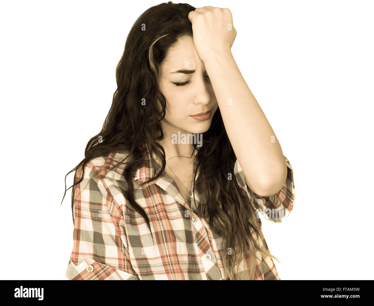 Depressive junge Frau mit einem betonte Kopfschmerzen oder Unwohlsein Schuss Vintage einfarbig Stockfoto