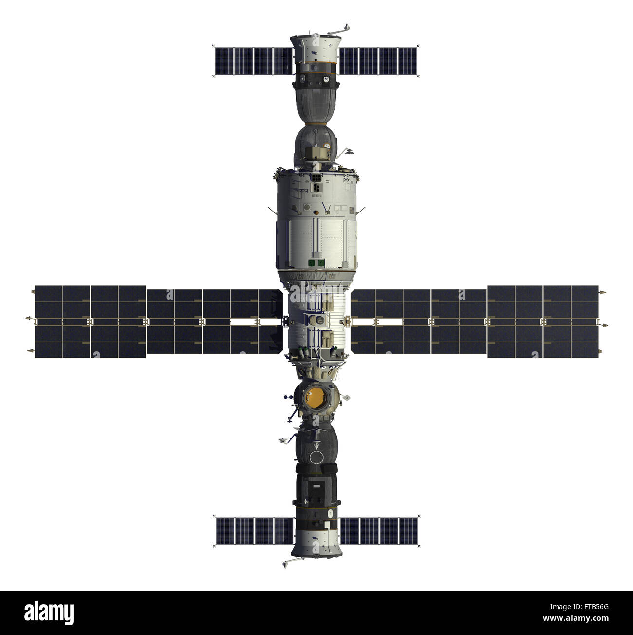 Raumschiffe und Raumstation. 3D Modell Over White Background. Stockfoto