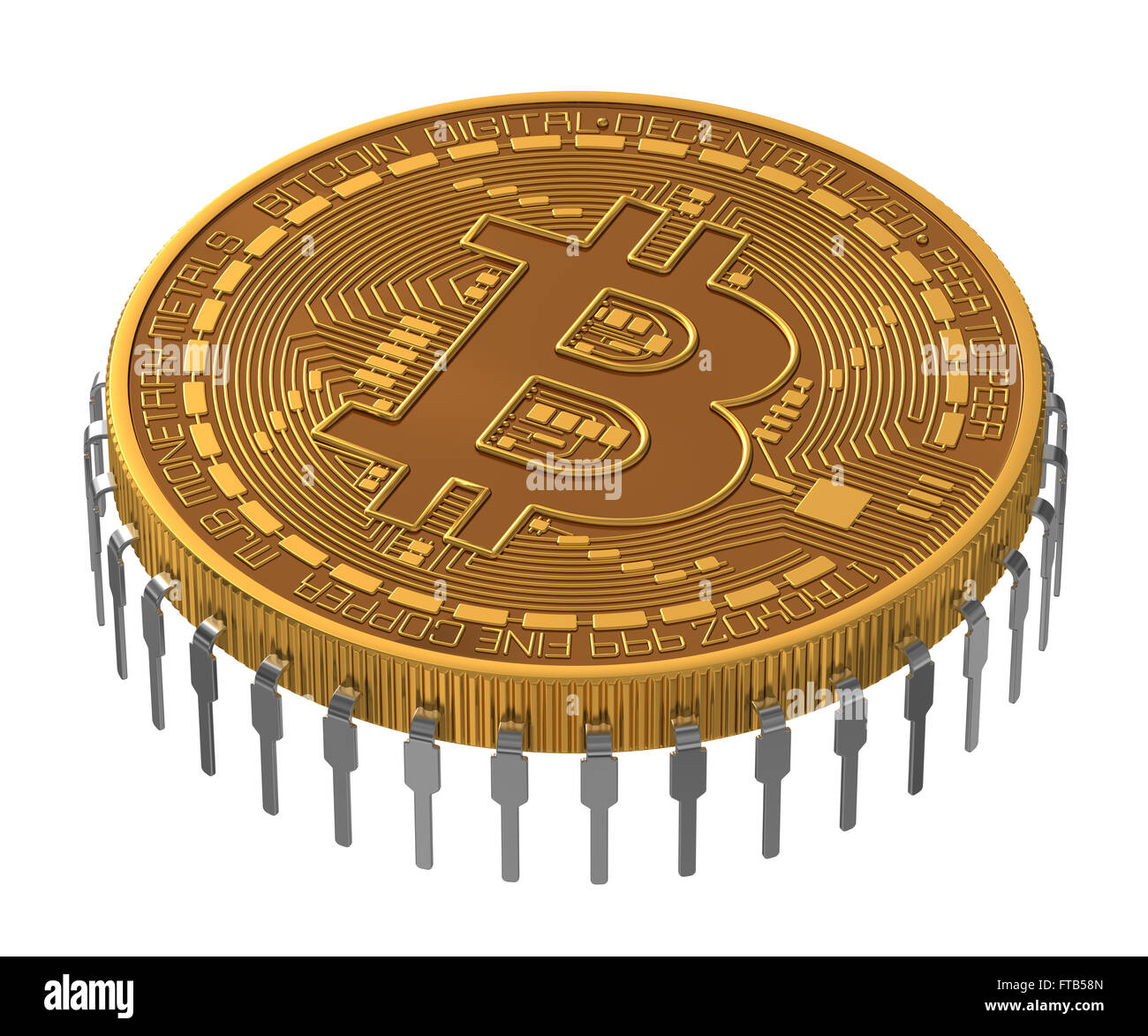 Bitcoin-Mikrochip auf weißem Hintergrund Stockfoto