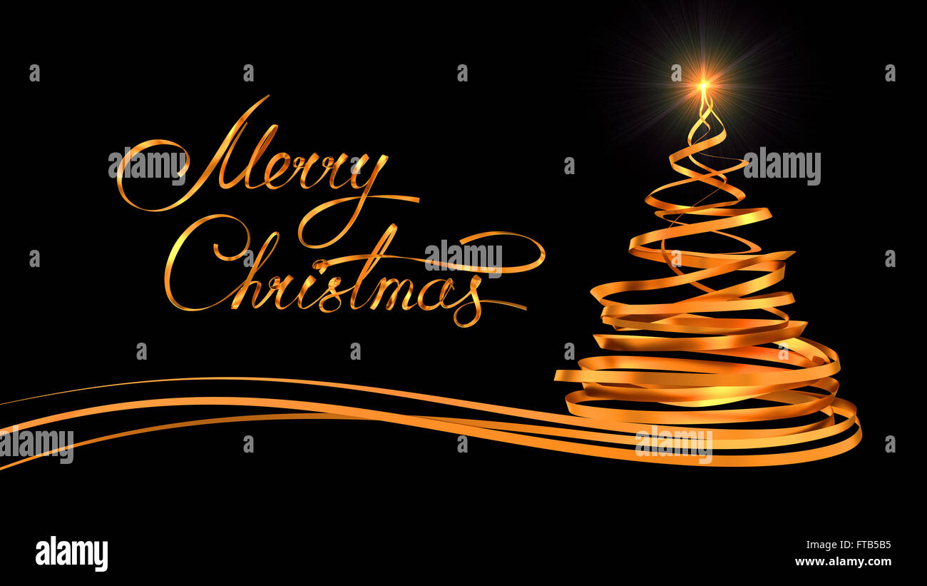Frohe Weihnachten und Weihnachtsbaum aus Gold Bänder über schwarzen Hintergrund Gold Textgestaltung Stockfoto