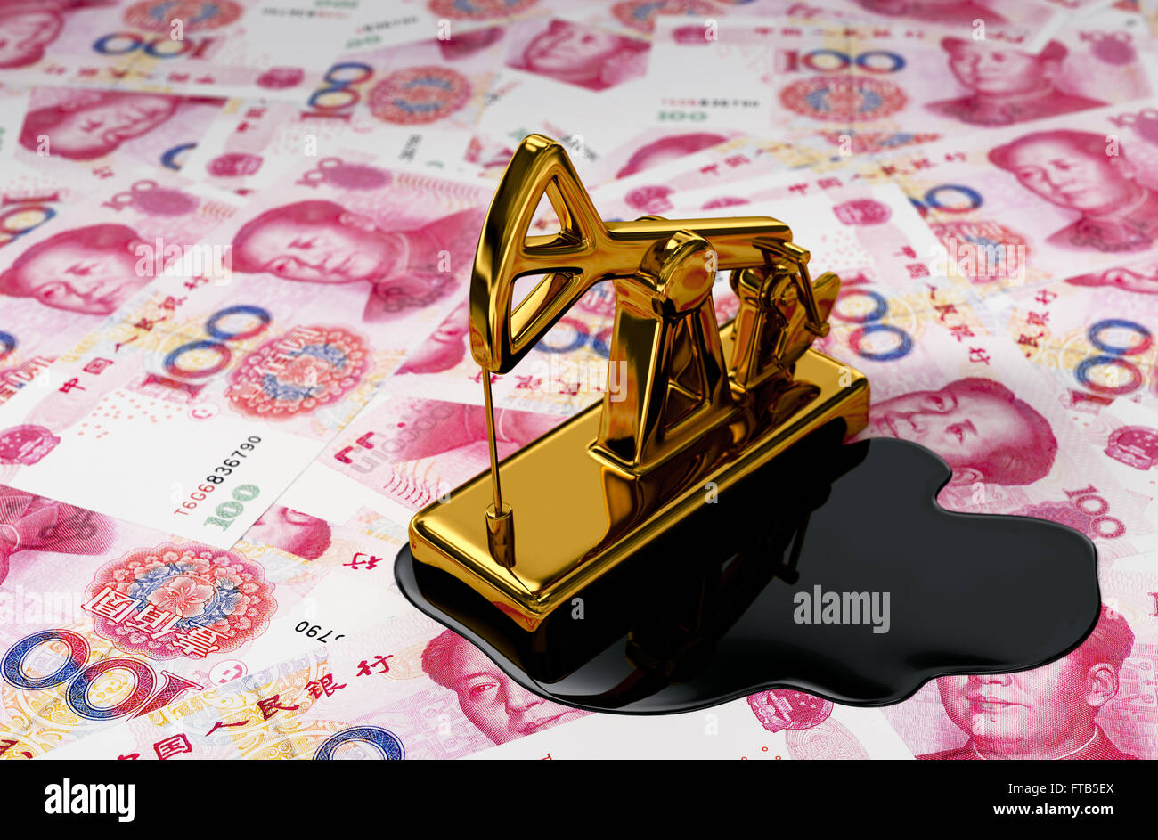 Golden Bohrschwengels und ausgelaufenen Öls auf Yuan Stockfoto