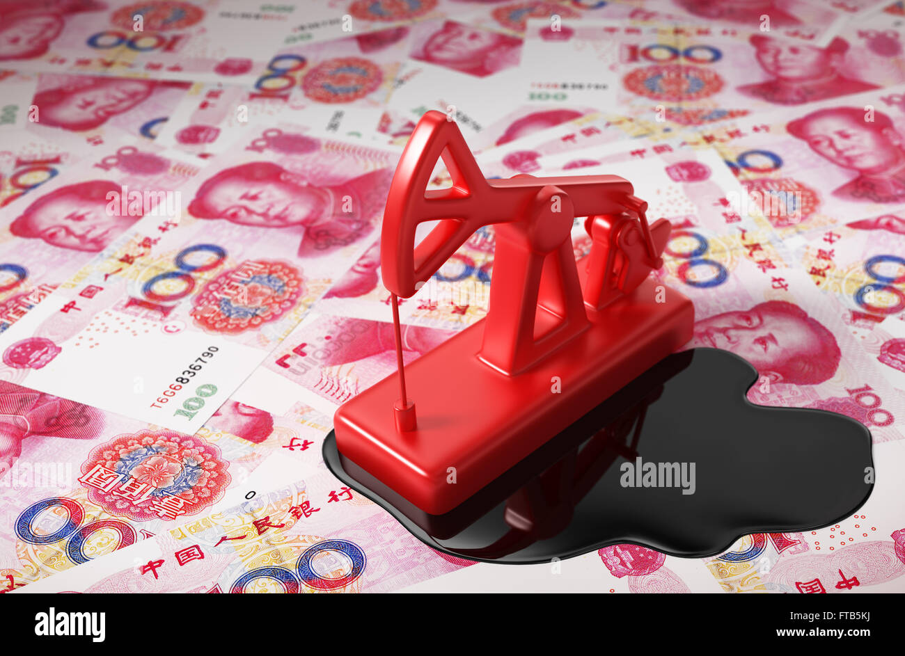 Bohrschwengels und ausgelaufenen Öls auf chinesische Yuan Stockfoto