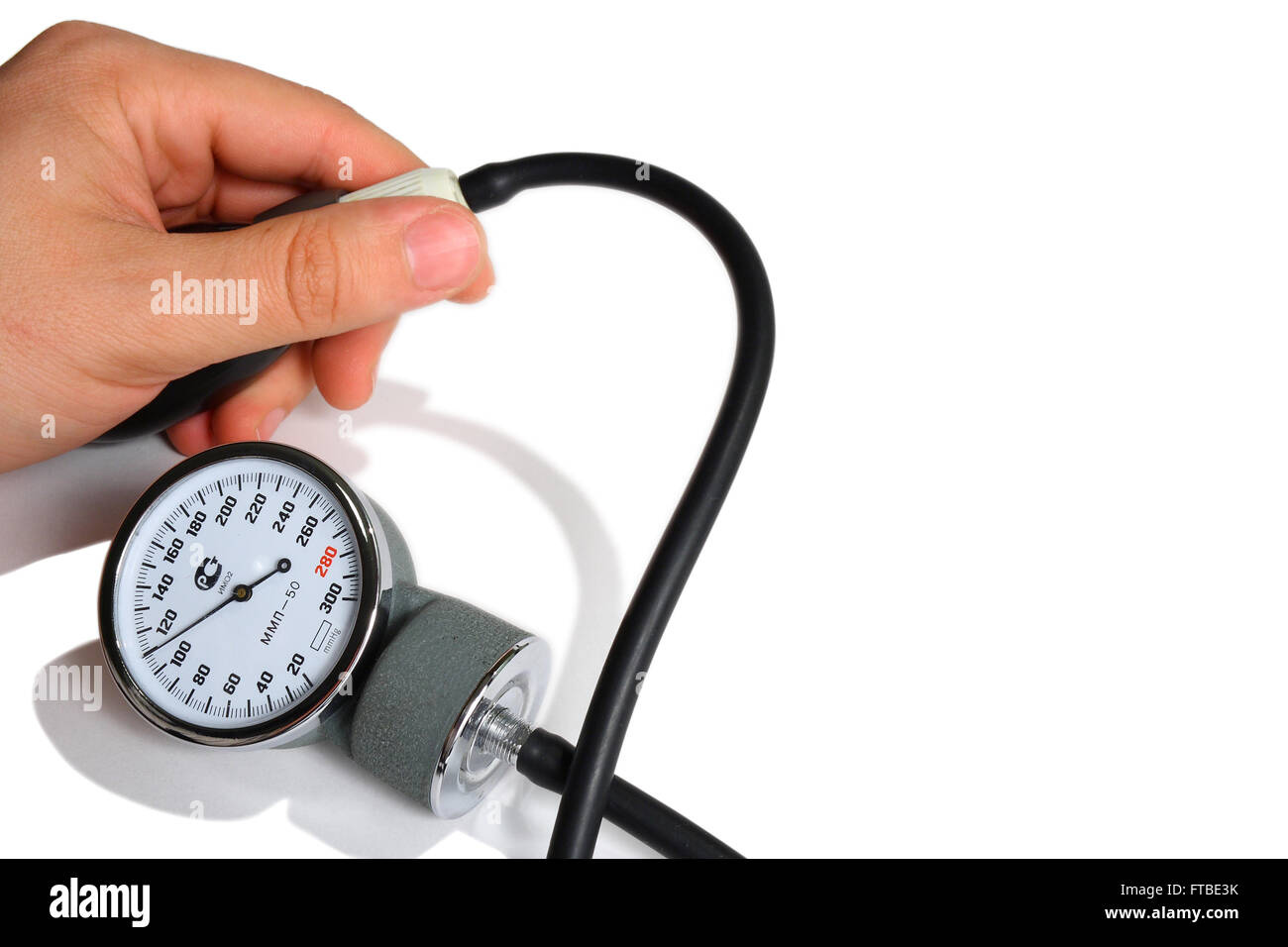 Druck-Messung Tonometer und hand auf einem weißen Hintergrund Stockfoto
