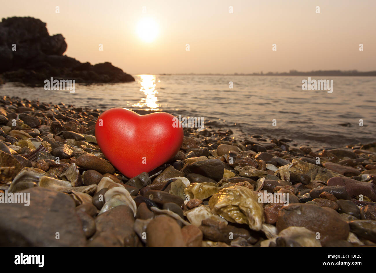 rote Form Herz auf Felsen und Shell Strand Natur Stockfoto